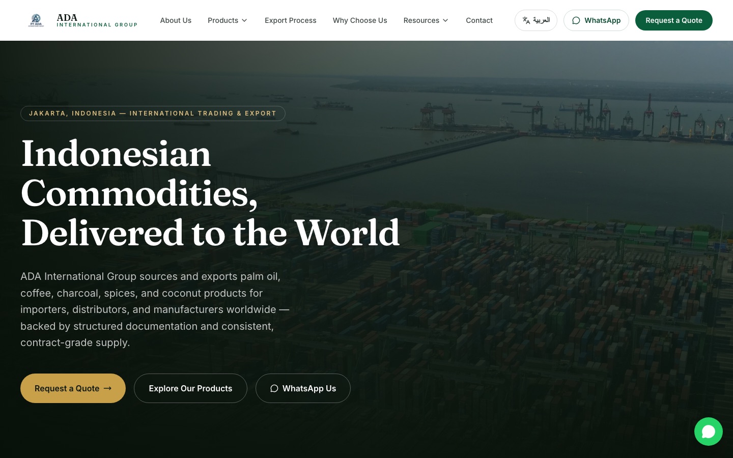 ADA International Group website hero: Indonesian commodities, delivered to the world