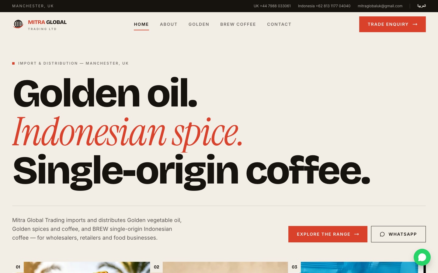Mitra Global Trading website hero: Golden oil, Indonesian spice, single-origin coffee