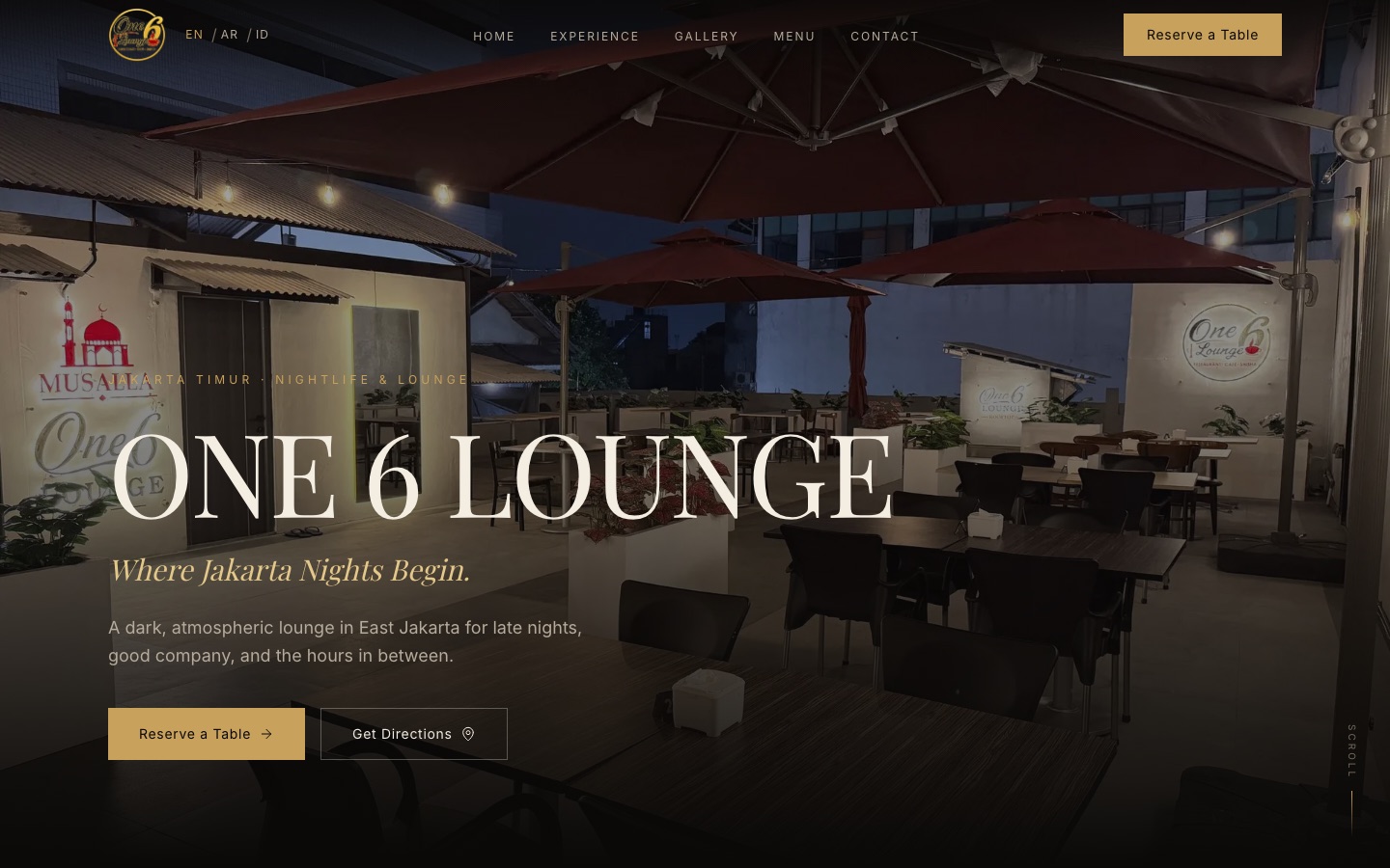 One 6 Lounge website hero over a night-time rooftop photo