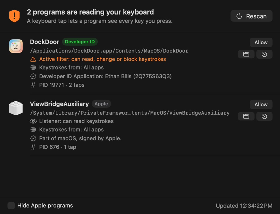 TapWatch window: two programs are reading your keyboard, with signature and tap type for each