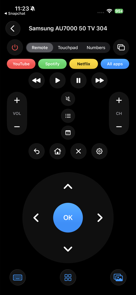 TV Pilot remote screen with D-pad and app shortcuts